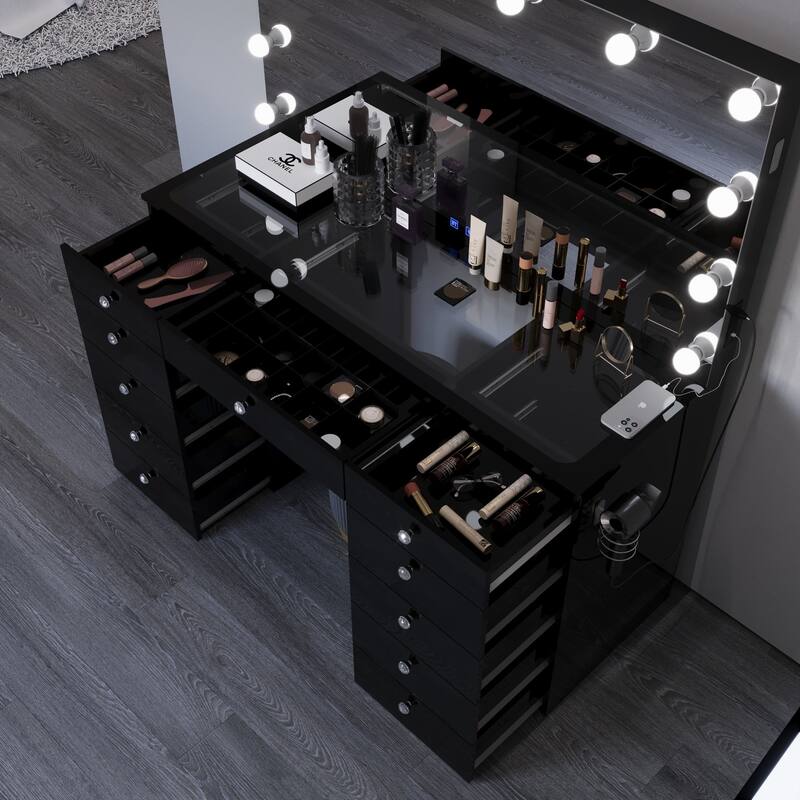 Makeup Vanity Desk, Glass Top, 12 LED Lights BT Speakers & 11 Drawers
