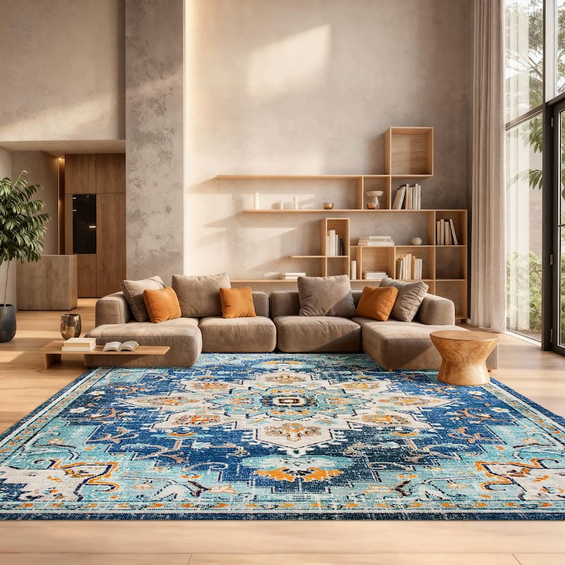 SAFAVIEH Madison Katelijne Boho Medallion Distressed Area Rug - 10' x 14' - Blue/Light Blue