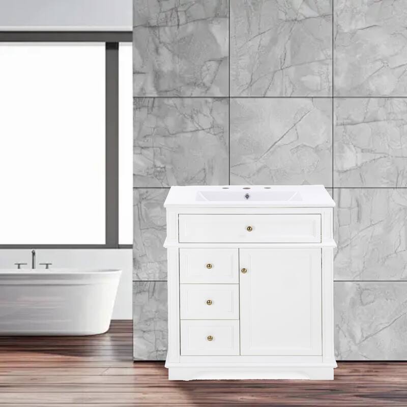 30" Freestanding Bathroom Vanity with Smooth Ceramic Sink, 1 Tip-Out Drawer & 3 Drawers - White