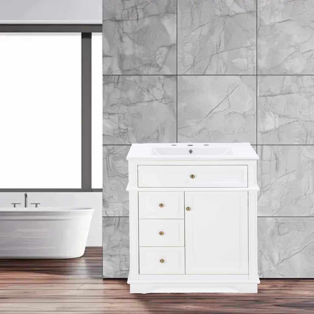 30" Freestanding Bathroom Vanity with Smooth Ceramic Sink, 1 Tip-Out Drawer & 3 Drawers