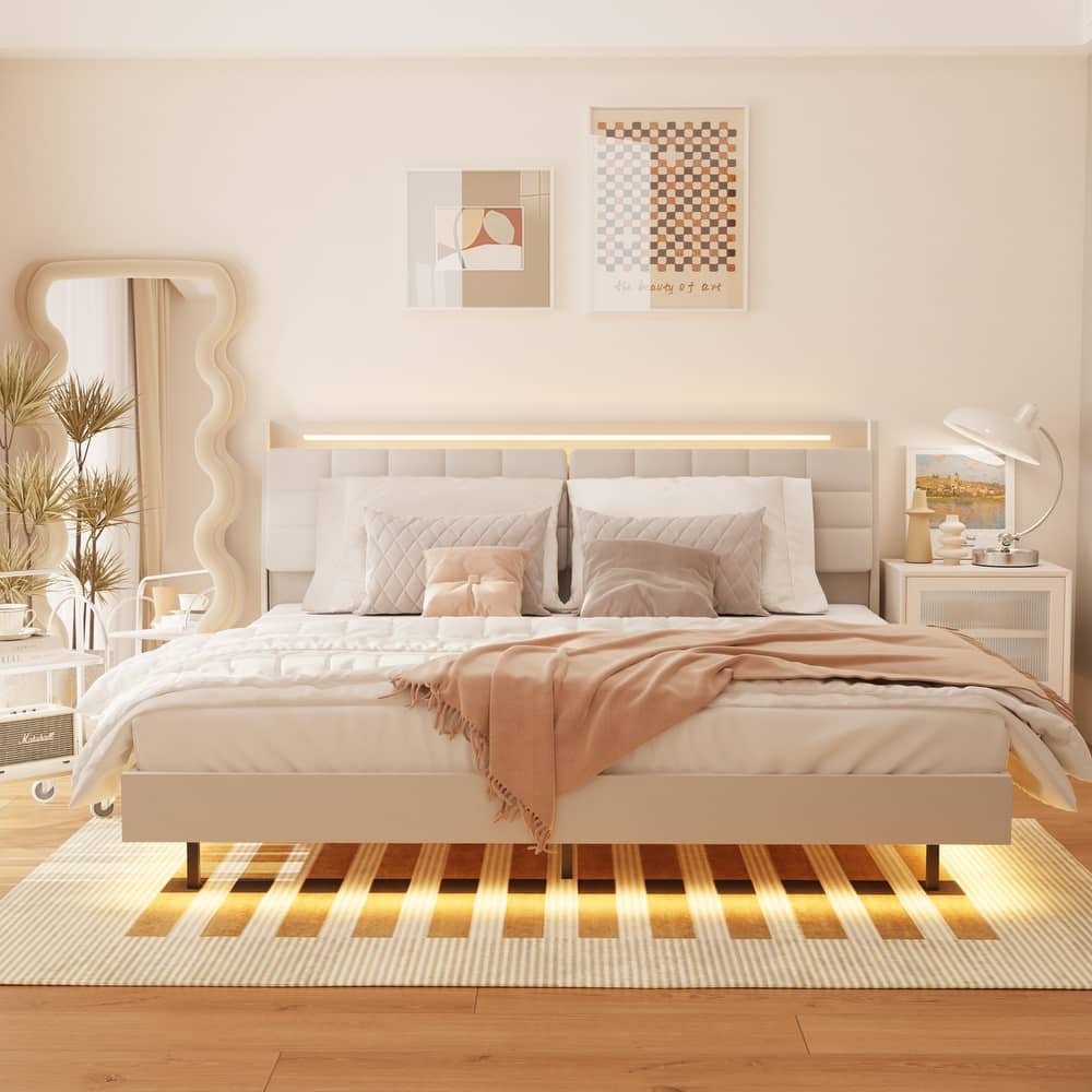 Floating Bed Frame Platform Bed w/Storage Headboard, Light Strip, Charging Ports, Upholstered Bed Frame with Metal Support,Beige