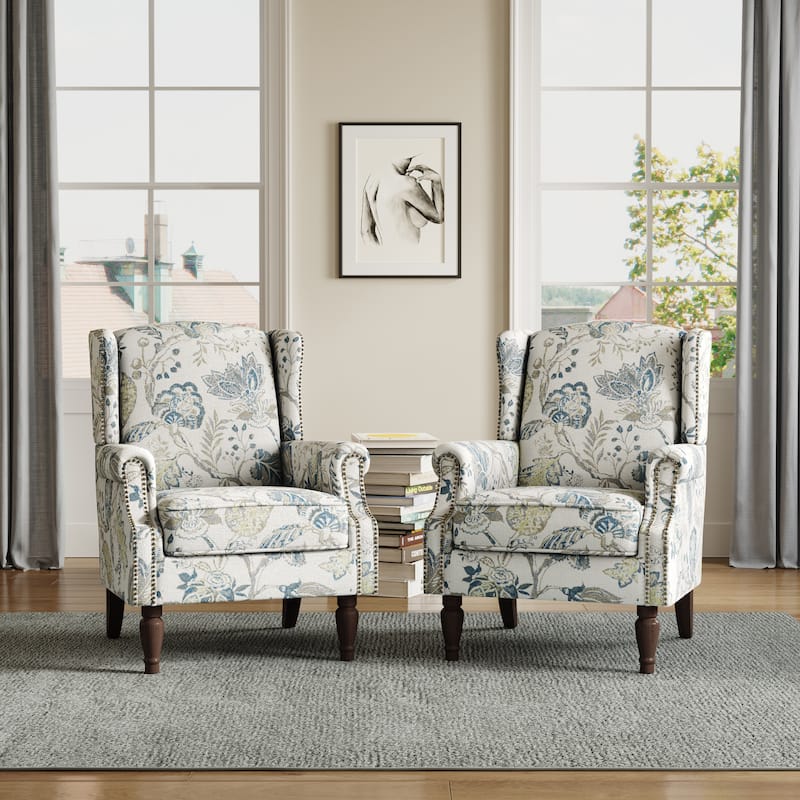 Traditional Nailhead Trim Armchair Accent Chairs Set of 2 - Plants Blue
