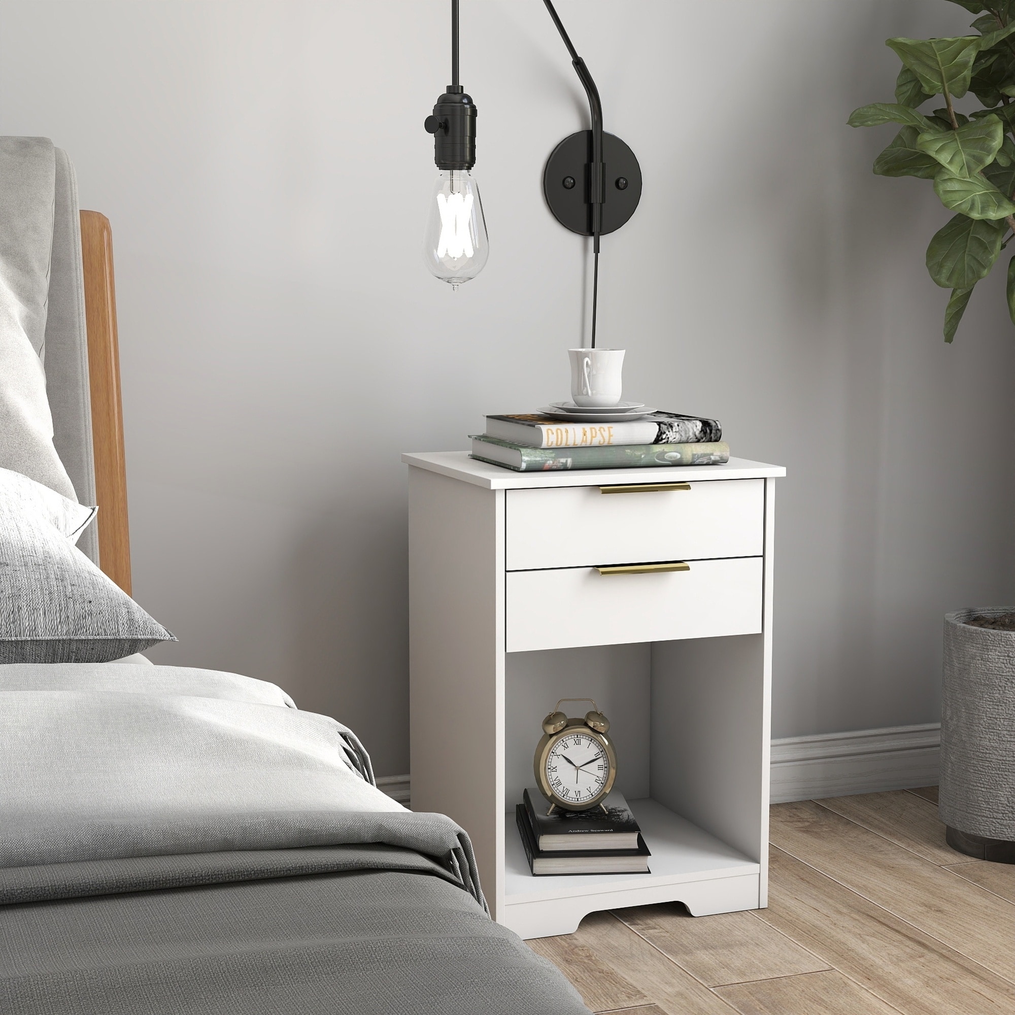 Modern White Nightstand with 2 Drawers, Open Shelf, and Golden Handles for Stylish Bedroom and Living Room Storage