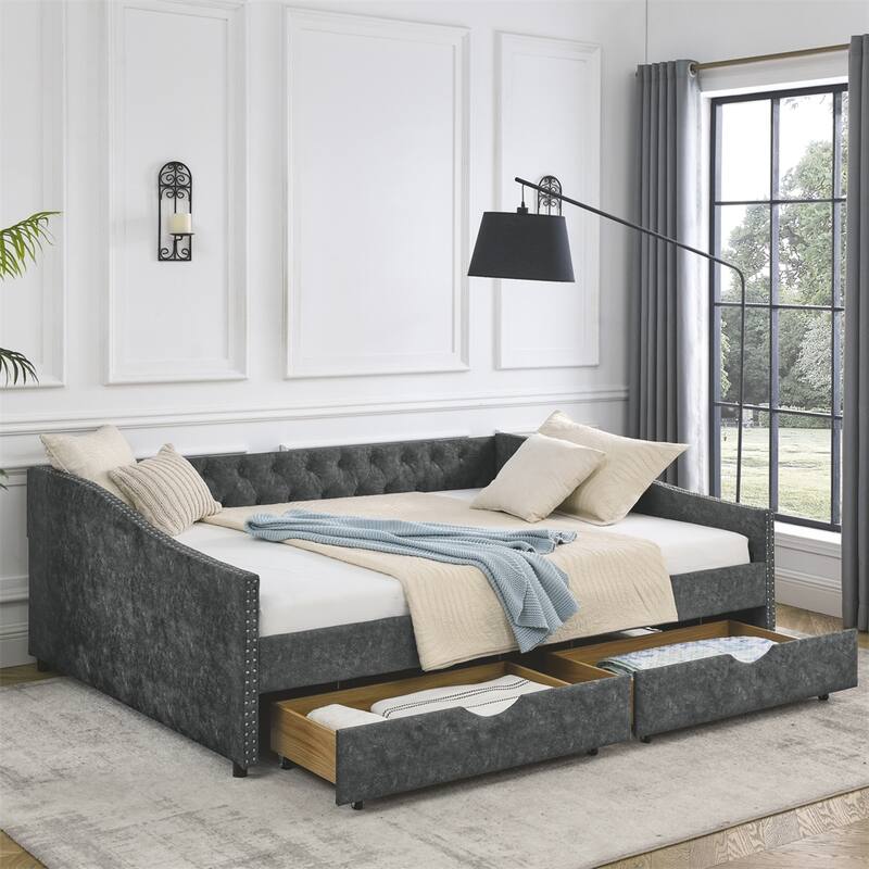 Queen Size Upholstered Tufted Daybed with Drawers and Button on Back