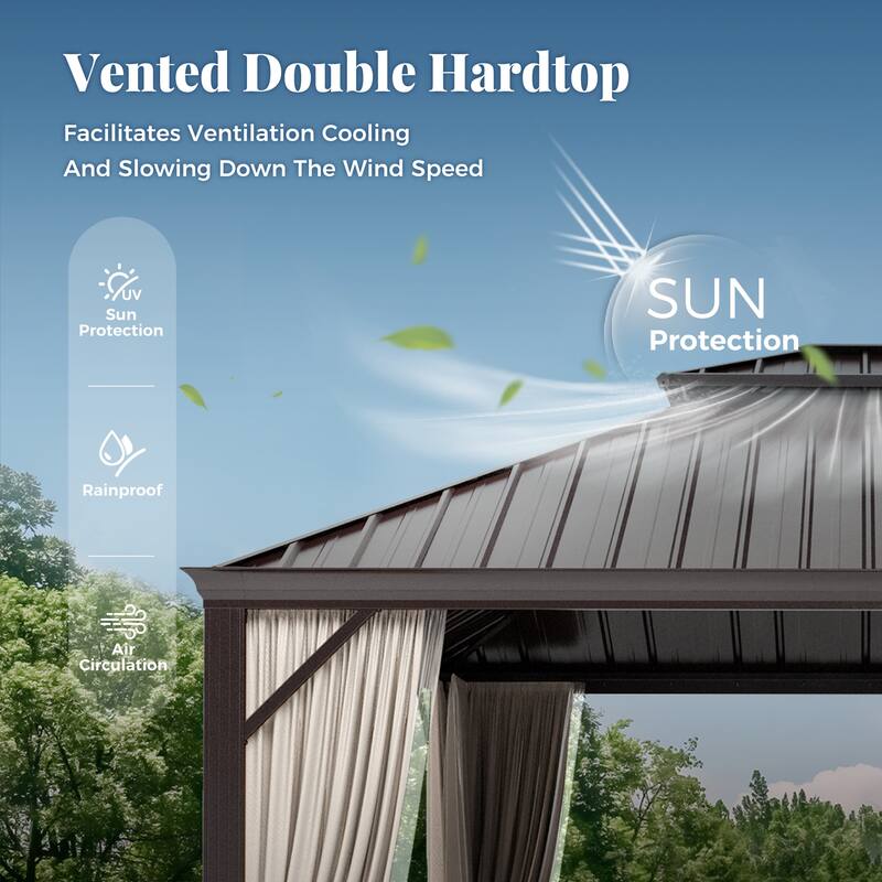 MAISON ARTS 14x20' Hardtop Aluminum Galvanized Steel Double Roof Gazebo with Netting & Curtains