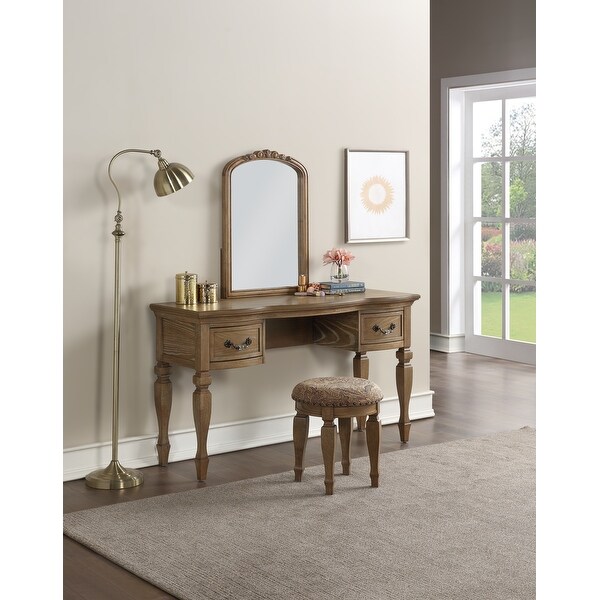 Bedroom Vanity Set Wooden Carved Mirror Stool Antique Oak Finish