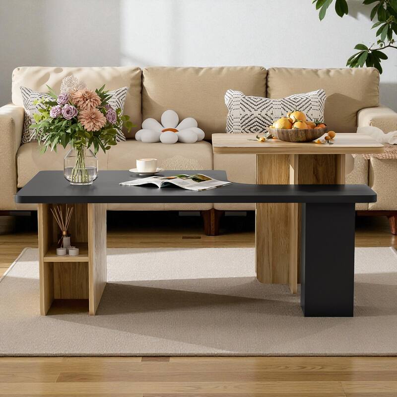 Set of 2 Farmhouse Nesting Coffee Tables, Rectangular Wood Finish Living Room Table Set, Small Sofa Side Tables