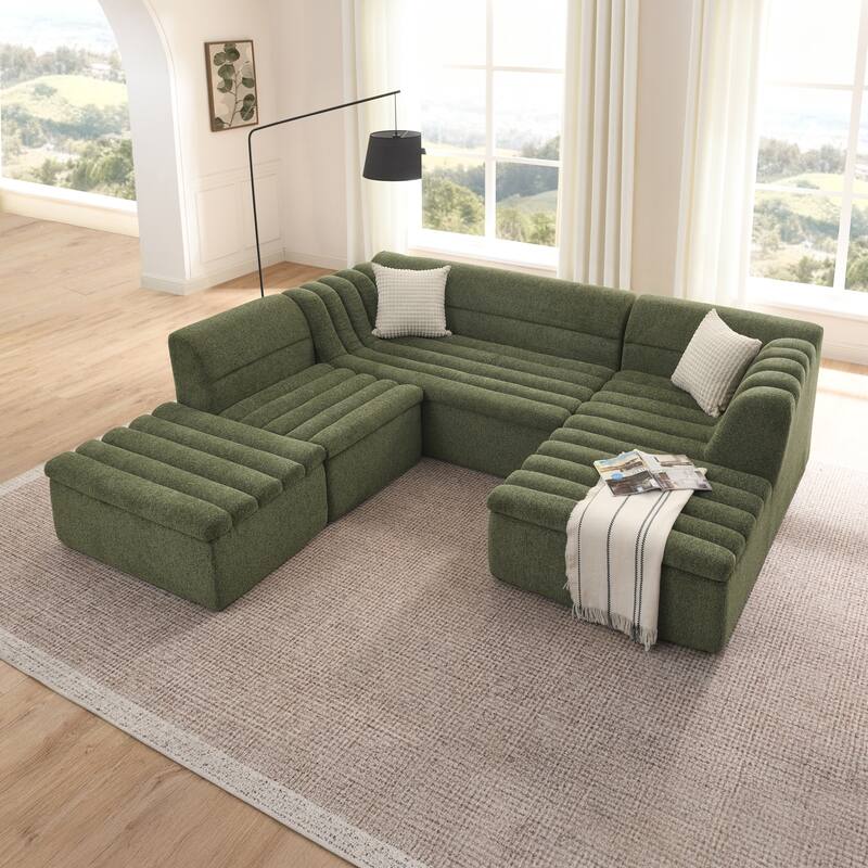 Modular Deep Seat Couches Chenille U-shaped Sleeper Sectional Sofa with Chaise, Ottoman and Wave-Shaped Armrest