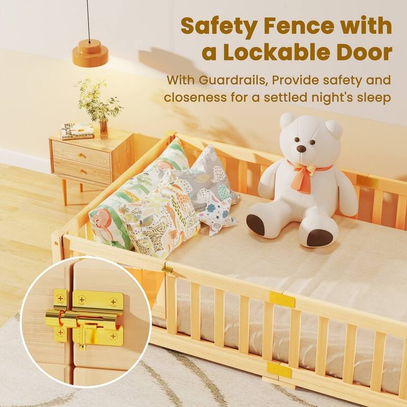 Toddler Floor Bed, Montessori Floor Bed with Rails and Lockable Door