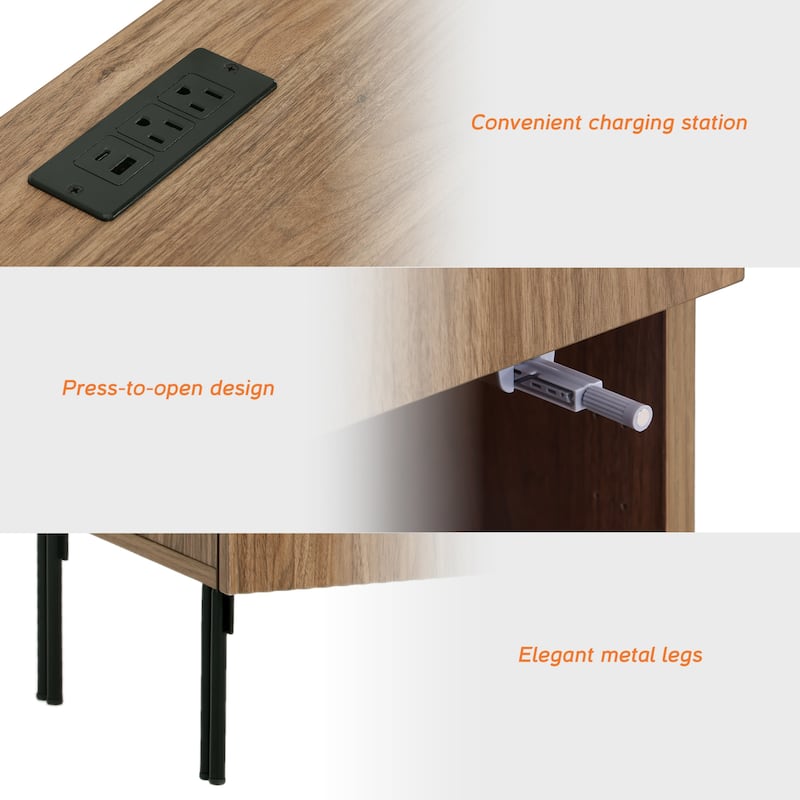 Modern Minimalist Nightstand Set Of 2 With Built-In Outlets, Reed Pattern Design