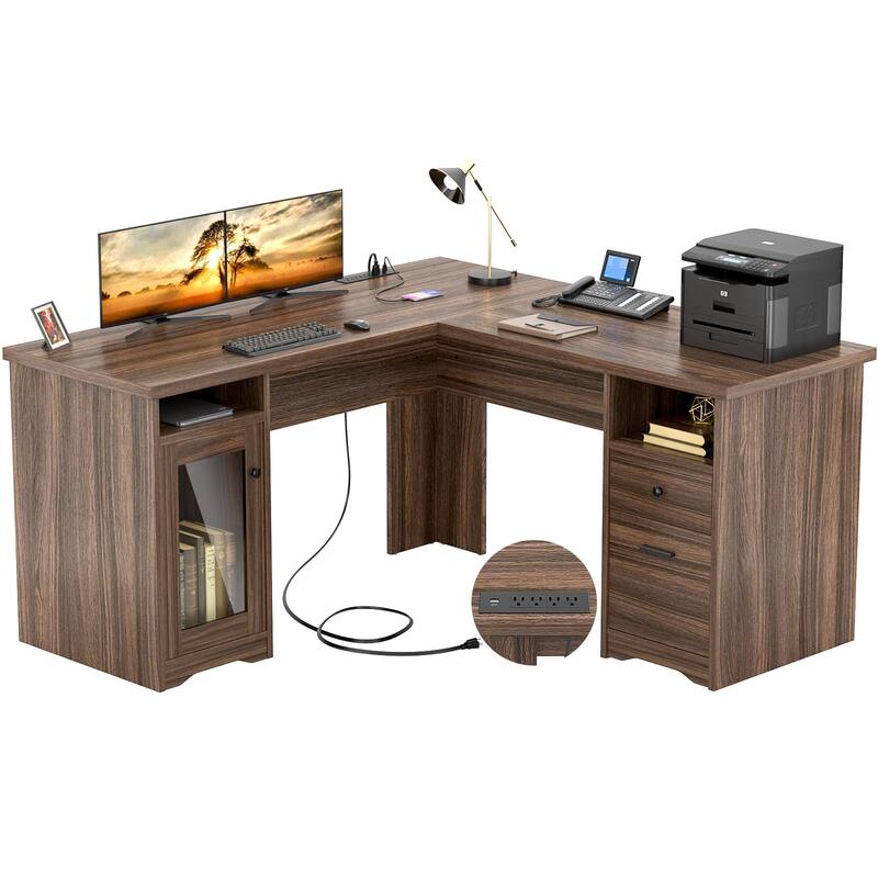 Modern Farmhouse L-Shape Desk with File Cabinet and Drawers, Homer Office Executive Desk with Charge Station