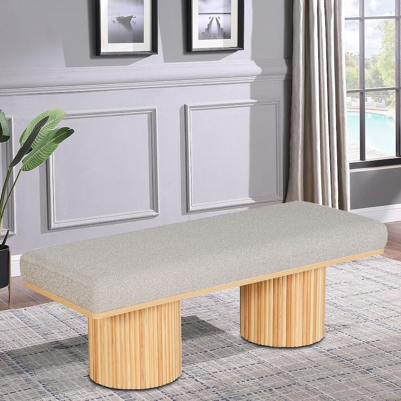 Modern minimalist upholstered bench with cylindrical wooden legs for bedrooms, living rooms, hallways - Light Grey+Natural Wood