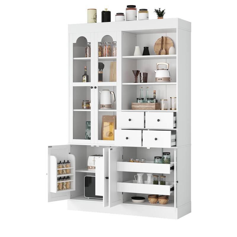 Roomfitters 75 Inch Tall Kitchen Pantry Buffet Hutch with 4 Drawers and Glass Doors, Shaker Style
