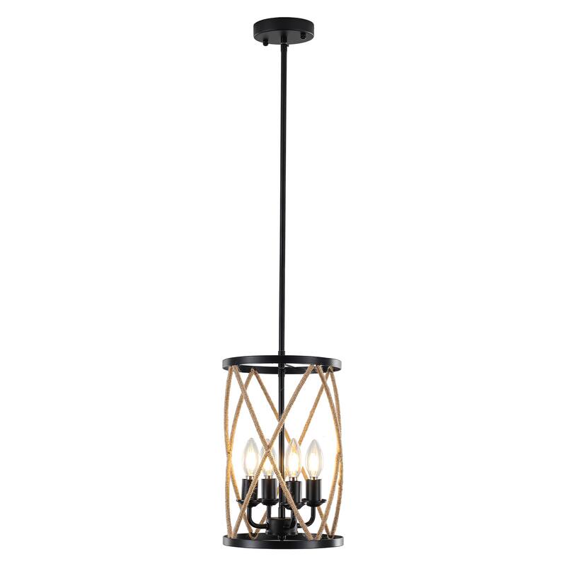 Rustic Rope - Wrapped 4 - Light E12 Pendant Chandelier, Adjustable Height with 3 Rods, Black Metal Frame - Matte Black