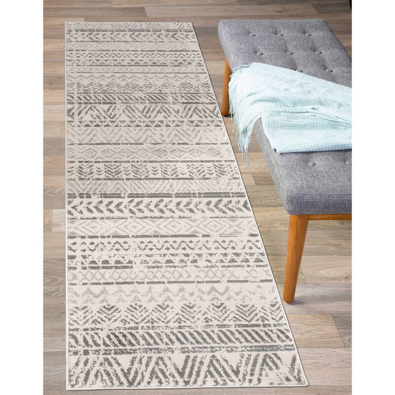 The Curated Nomad Midtown Geometric Distressed Bohemian Rug - 2' x 10' Runner - Gray