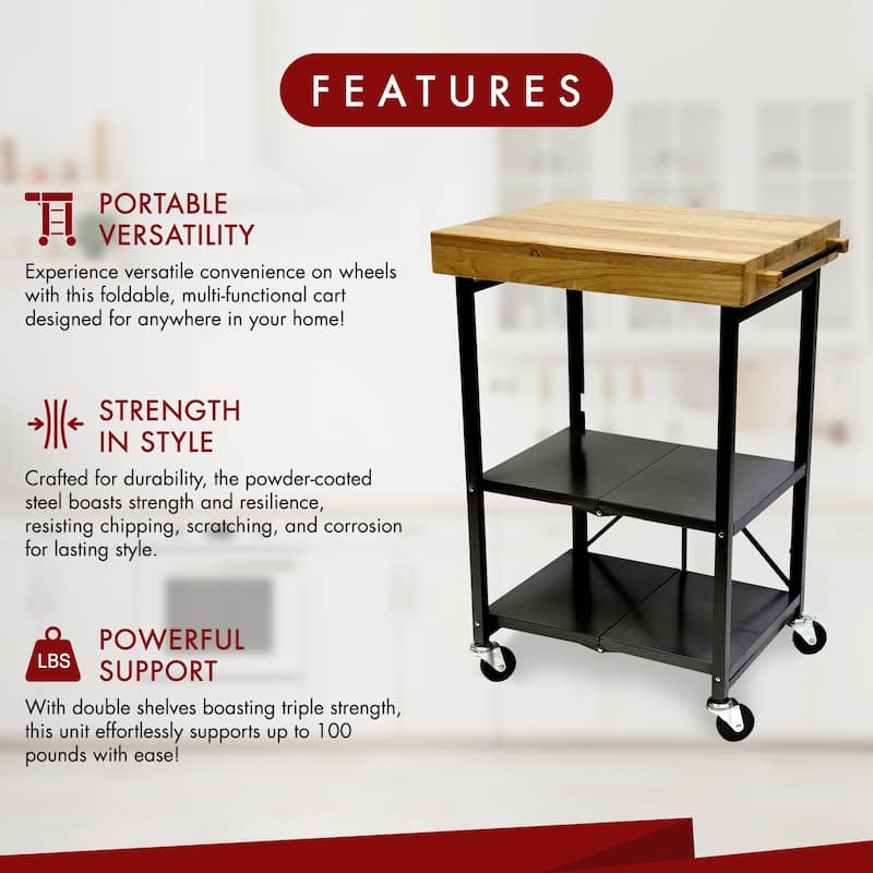 Origami Foldable Wheeled Portable Solid Wood Top Kitchen Island Bar Cart, Black