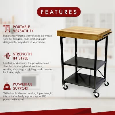 Origami Foldable Wheeled Portable Solid Wood Top Kitchen Island Bar Cart, Black