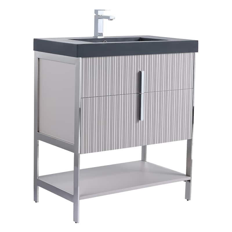 Fine Fixtures Serenity Modern Bathroom Vanity with Black Gel Acrylic Top - Bright Taupe - Chrome Hardware - 30 inch