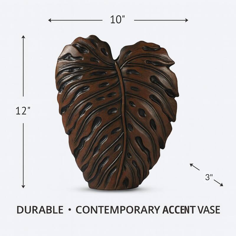Philo Leaf Brown Textured Polyresin Vase with Botanical Design Accents
