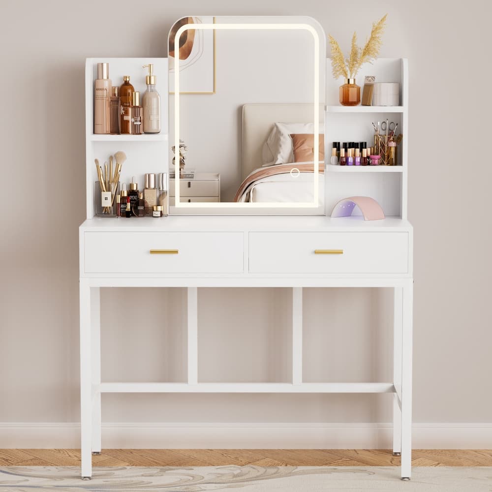 Vanity Table with LED Mirror, Kid's Makeup Vanity Desk with 2 Storage Drawers
