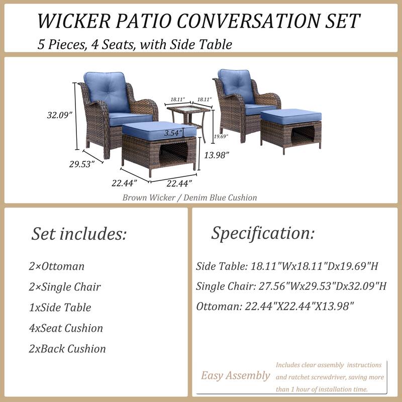5 Piece Outdoor Wicker Patio Conversation Chair with Ottoman Set