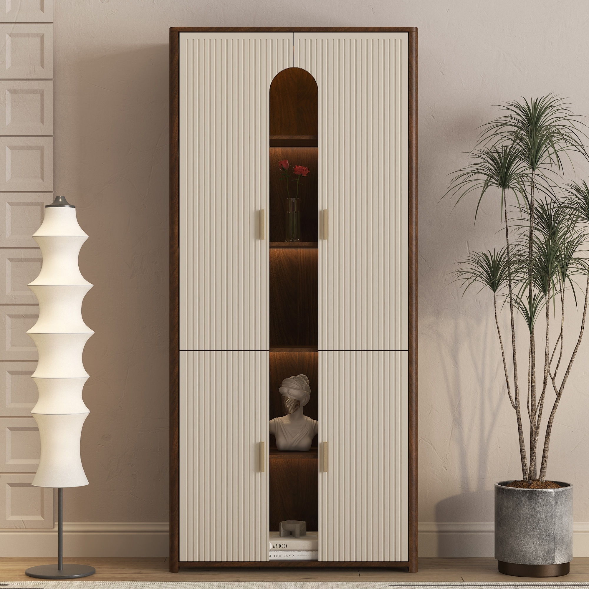 Display Cabinet Particle Board with LED Lighting, Glass Door Storage and Collectibles Bookcase by GDFStudio