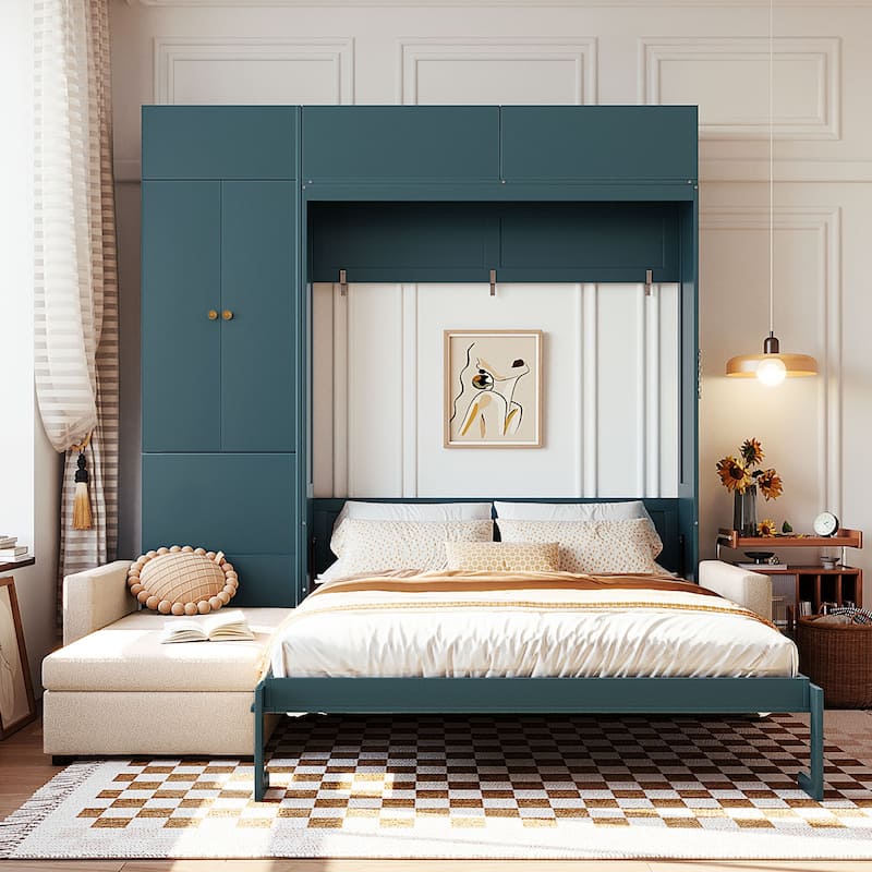 Versatile Queen Size Murphy Bed Wooden Folding Bed Frame integrated with L-shaped Chaise Sectional Sofa and Storage Cabinets