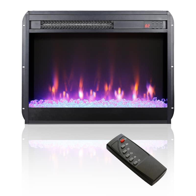 23 inch electric fireplace insert, ultra thin heater with crystal & realistic flame, remote control with timer - Black