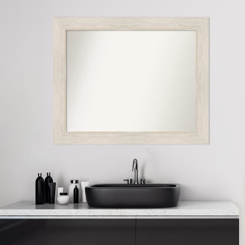 Non-Beveled Wood Bathroom Wall Mirror - Hardwood Whitewash Frame