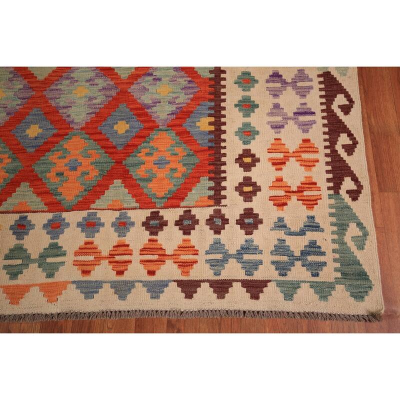 Orange Trellis Kilim Oriental Area Rug Hand-Woven Wool Carpet - 6'2" x 9'10"