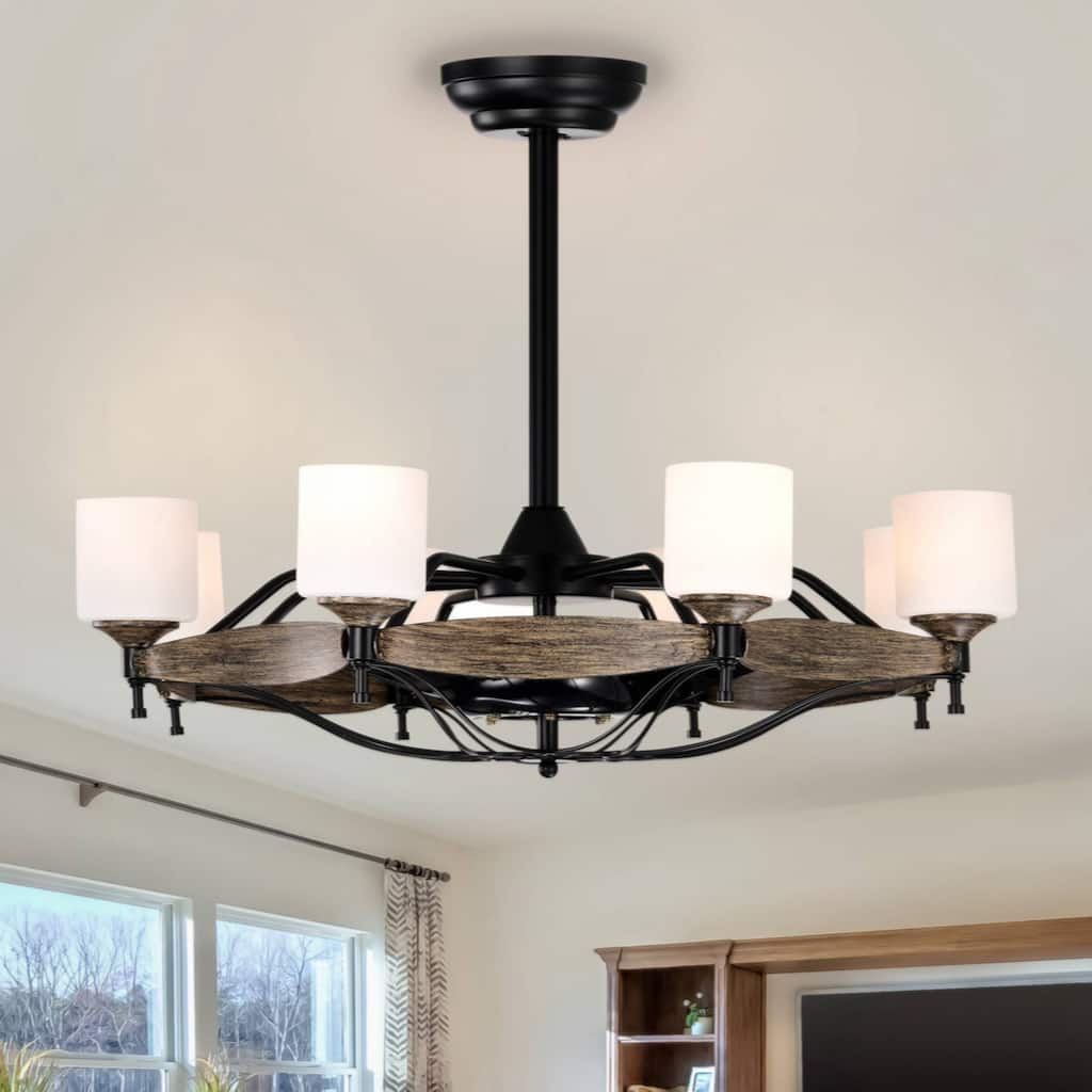 33 inch Chandelier Ceiling Fan for Bedroom Dining Room Living Room Kitchen Farmhouse Entry,Matte Black+ Wood Grain
