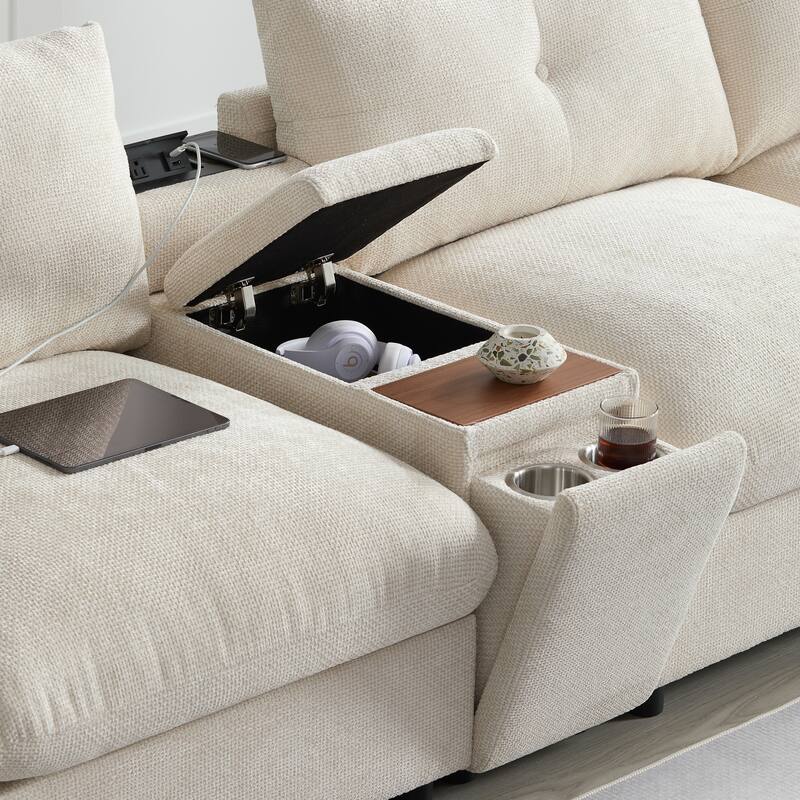 Oversized U Shaped Modular Sectional Sofa with 2 Storage Ottomans, Chenille 6 Seat Sofa with Console, Cup Holder & USB Charger