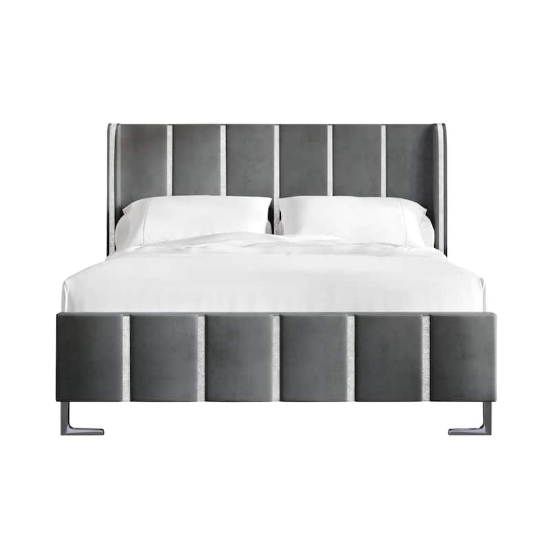 CraftPorch Luxurious Crystal Diamond Strip Velvet Upholstered Bed - Light Grey - Queen