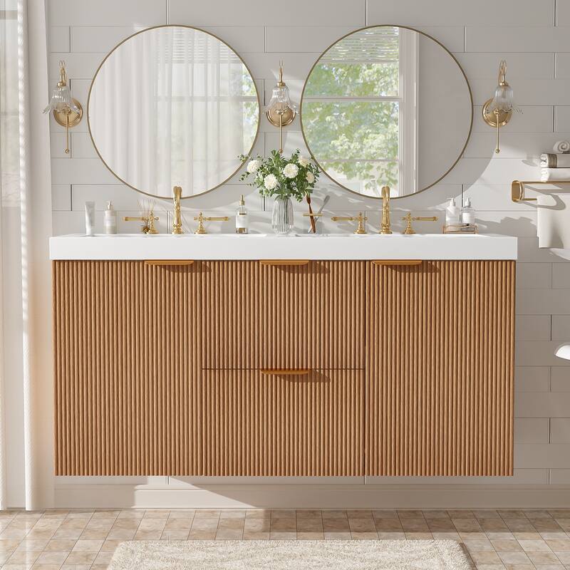 GDFStudio - Mercer Transitional Wall Mounted Bathroom Vanity Cabinet with Double SMC Sink, Soft Close Doors & Drawers - 42" + Single Sink - Brown