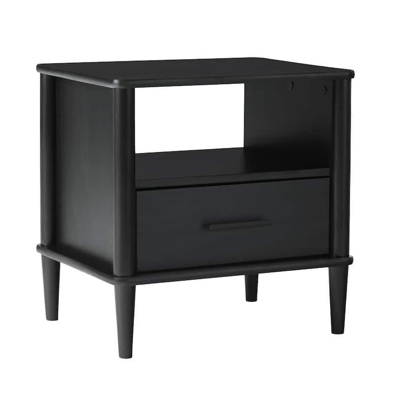 Classic Wooden Nightstand, Sofa Side Table with 1 Drawer, Decorative Table with Open Partition and Solid Wood Legs - Black