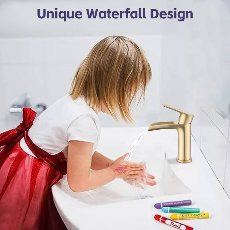 Waterfall Bathroom Faucet Single Handle Bathroom Sink Faucets 1 or 3 Hole with Deck Plate & Overflow Pop Up Drain