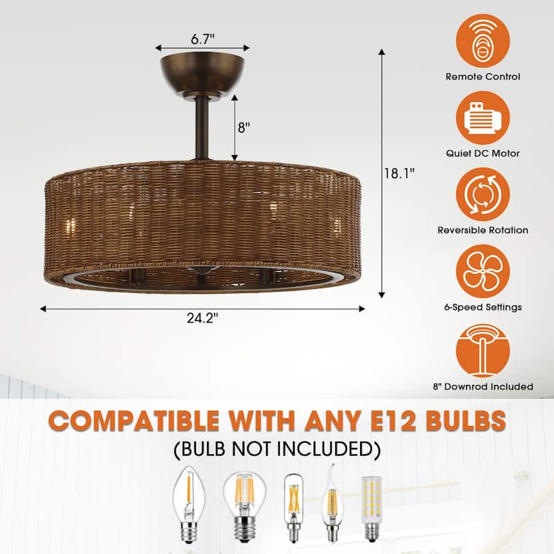 24" Rustic Rattan 6-Speed Caged Ceiling Fan Chandelier with Remote