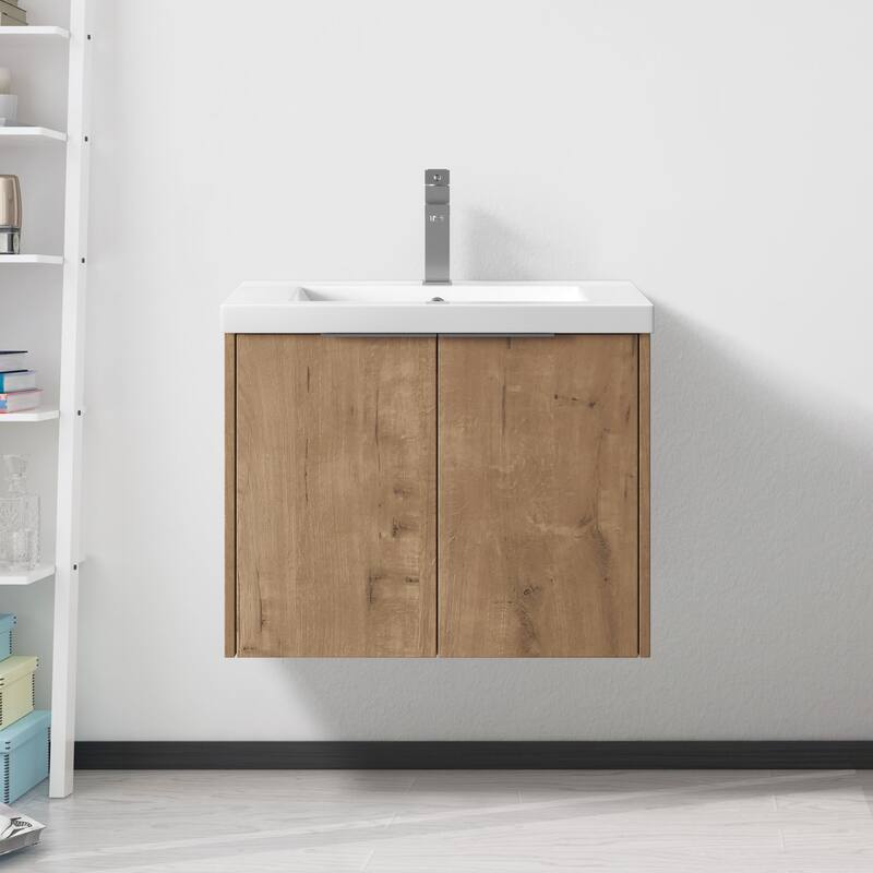 30" Floating Bathroom Vanity with Resin Sink, Soft Closing Door, and Ample Storage Space - 23.6in L Plywood - Imitative Oak