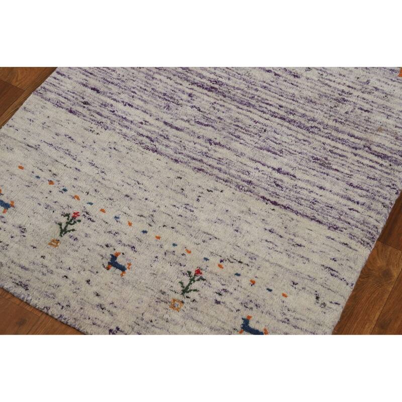 Gabbeh Indian Runner Rug Hand-Knotted Modern Purple Wool Carpet - 2'5" x 9'6"