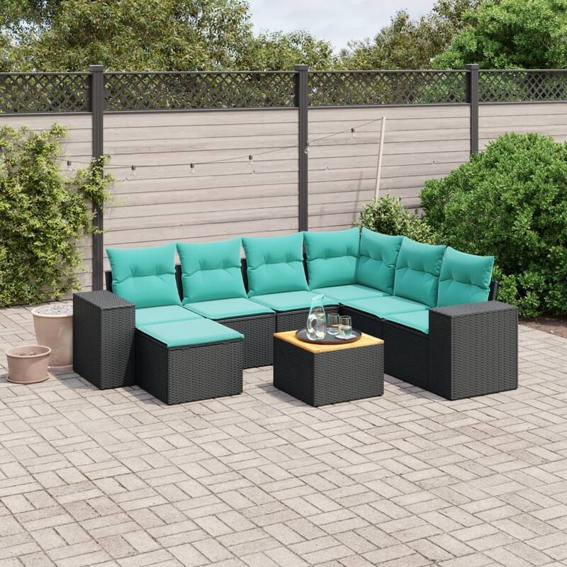 vidaXL 8 Piece Patio Sofa Set with Cushions Black Poly Rattan - 24.4 x 24.4 x 27.2 - Black-3x middle + corner + footrest + Table