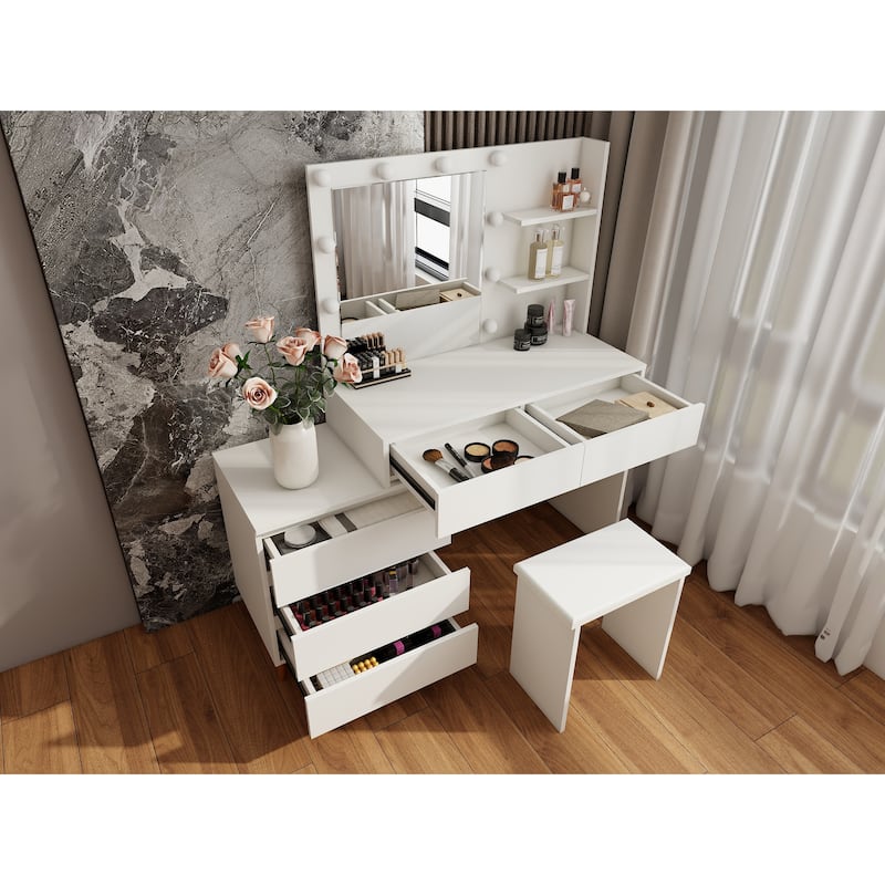 Led Lighted Makeup Vanity Table With Mirror With Storage Drawers,Matching Stool,And Organizing Compartments