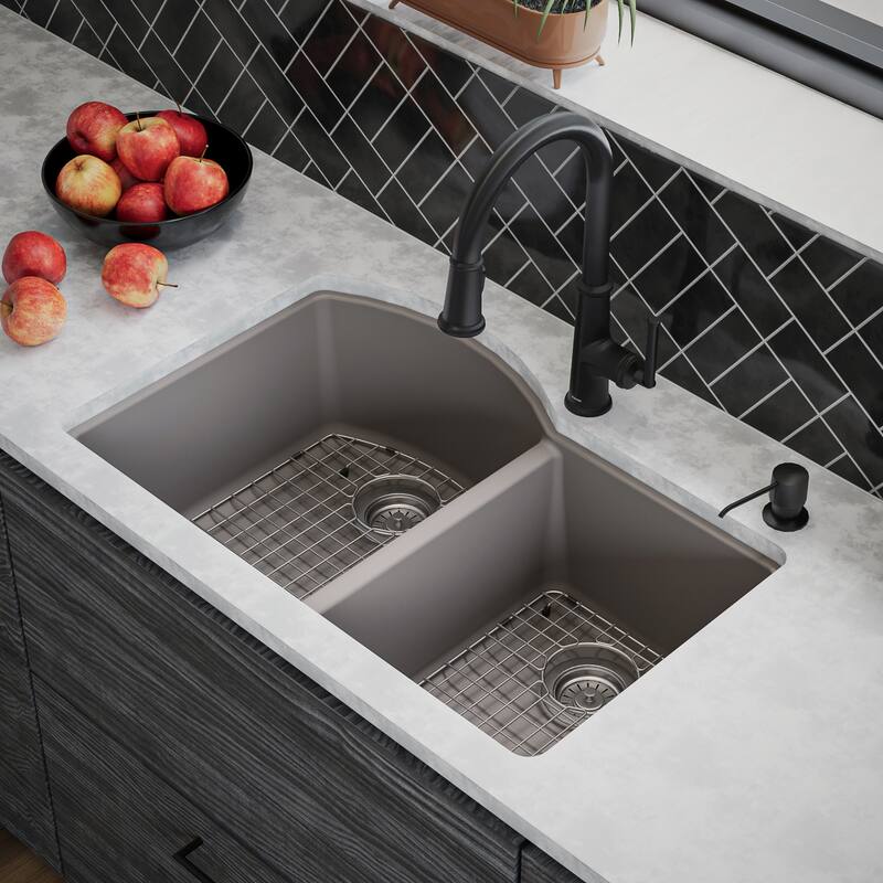 Karran Undermount Quartz 32 in. 60/40 Double Bowl Kitchen Sink Kit