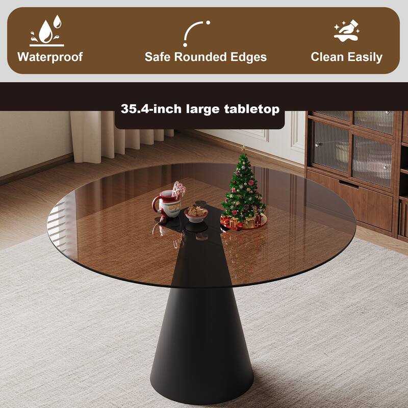 35-Inch Round Glass Dining Table, With Tempered Glass Tabletop And Carbon Steel Legs. Suitable for 2-4 People - Black+Brown