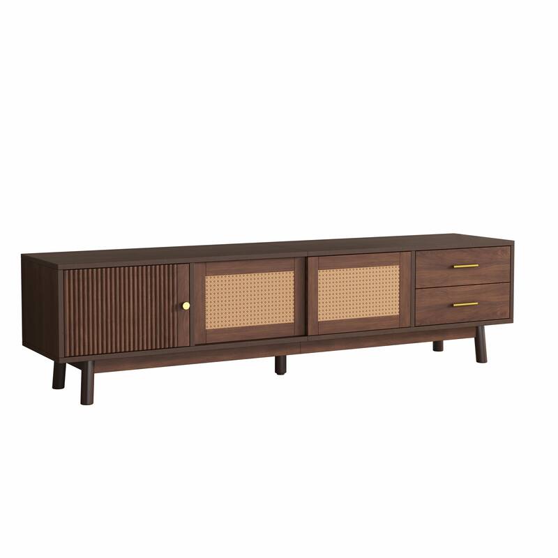 80" Mid Century TV Stand - Rattan Doors, Storage Drawers, Waterproof