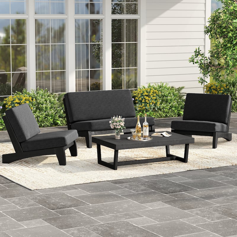 4 Piece Outdoor Wood Loveseat Chair Conversation Set with Cushion
