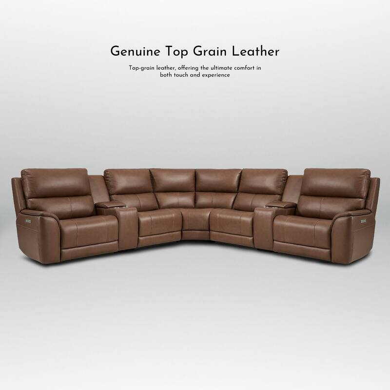 136''W 5 Seats Genuine Leather Power Reclining Double Width Brown Sectional Sofa with Zero Gravity and USB&Type-C Ports