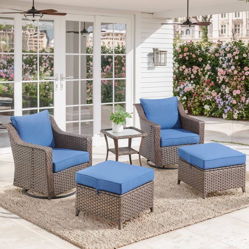 Pocassy All-Weather Rattan Patio Funiture Set - Brown Wicker / Blue Cushion - 5-Piece Swivel Chair Table with Ottoman
