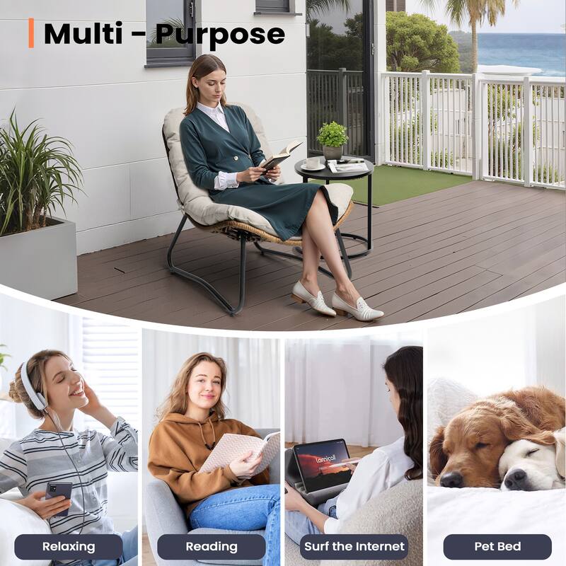 2-Piece Papasan PE Rattan Chair with Cushion For Indoor Outdoor