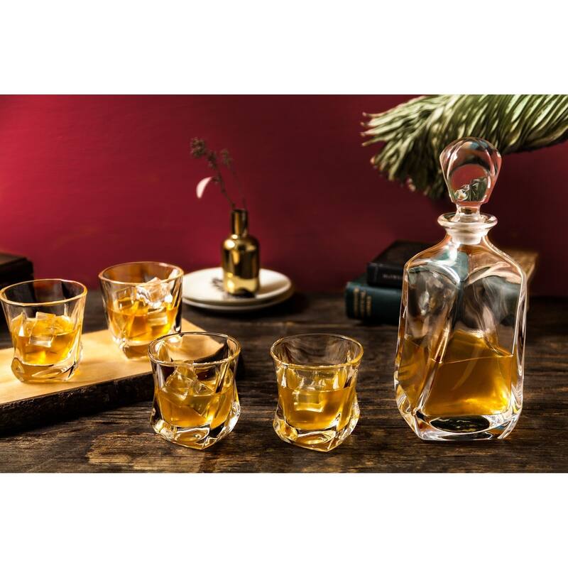 JoyJolt Aurora Non-Leaded Crystal 5 Piece Whiskey Decanter Set, Scotch Decanter with 4 Old Fashioned Glasses