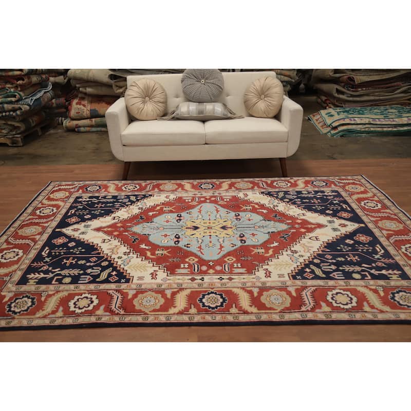 Hand Knotted Oriental 100% Wool Carpet Traditional Medallion Oranges & Rust Heriz (serapi) Area Rug - 9' 1'' X 6' 4''